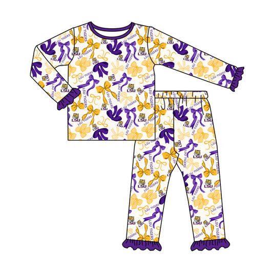 Preorder MOQ 5 Long sleeves tiger purple bow kids girls team pajamas 8.25