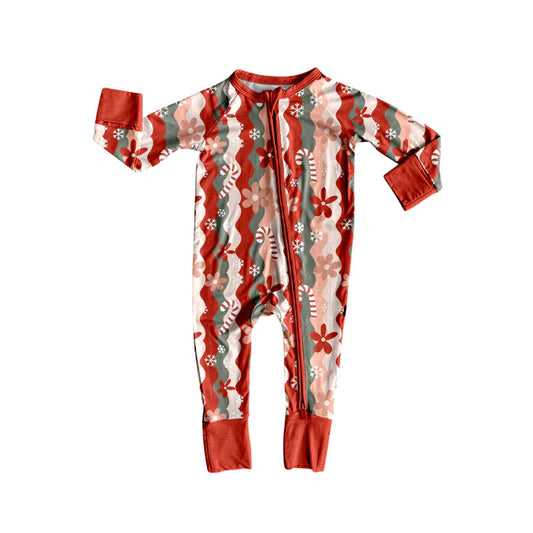 Preorder (moq 5)Baby Girls Long Sleeves Red Candy Cane Flowers Zipper Rompers 5.24