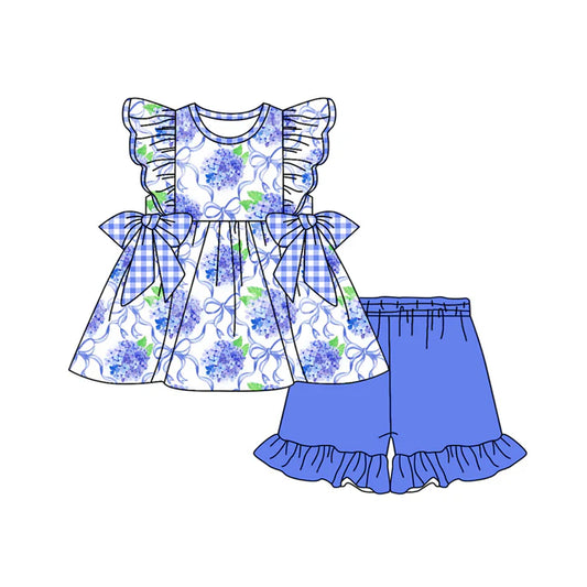 Preorder moq 5 Baby Girls Flutter Sleeves Blue Floral Bows Tunic Ruffle Short Set 4.19
