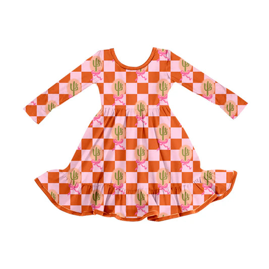 Preorder (moq 5)Baby Girls Western Pink Cactus Ruffle Knee Length Dresses 8.11