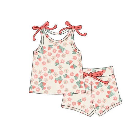 Preorder moq 5 Baby Girls Bows Sleeveless Strawberry Flowers Top Short Set 4.16