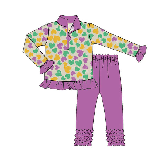 Preorder(moq 8)Baby Girls Mardigras Hearts Zipper Pullover Ruffle Leggings Clothes Sets 9.25
