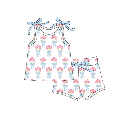 Preorder moq 5 Baby Girls Bows Sleeveless Pink Flowers Plaid Top Short Set 4.16