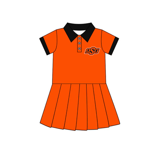 Preorder (moq 5)Baby Girls Orange Short Sleeves Button OSU Team Shorts Knee Length Dresses 7.10