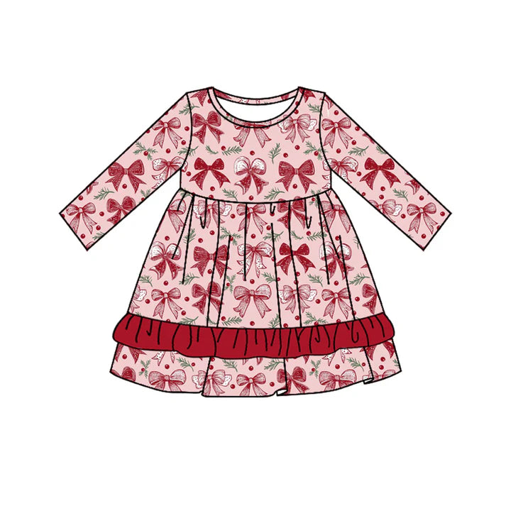 Preorder (moq 5)Baby Girls Hot Pink Long Sleeves Bows Plaid Knee Length Dresses 5.20
