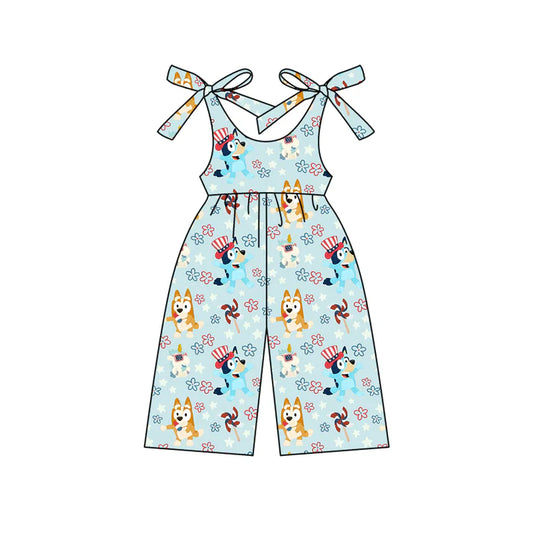 Preorder (moq 5)Baby Girls Blue Strap Cartoon Dogs Flowers 4th Of July Jumpsuits 4.25