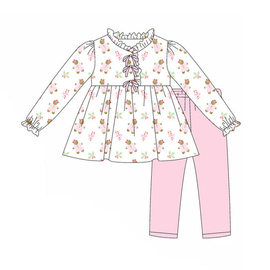 preorder(moq 5) Baby Girls Long Sleeves Pink Gingerbread Holly Tunic Legging Pants Set 7.25