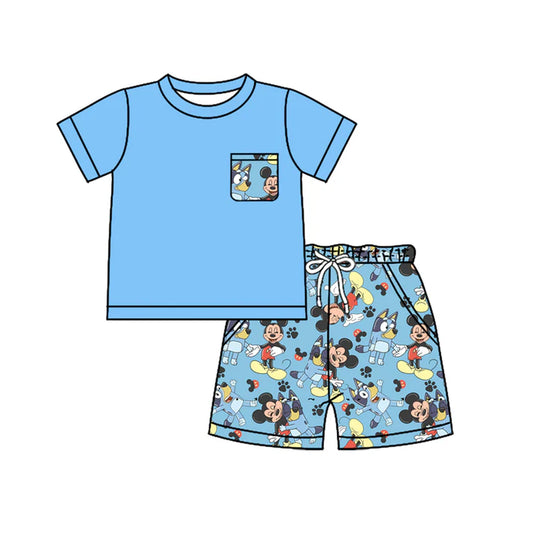Preorder moq 5 Baby Boys Blue Short Sleeves Pocket Top Cartoon Mouse Dogs Short Set 4.14