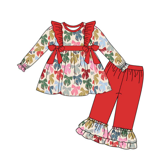 Preorder (moq 5)Baby Girls Red Long Sleeves Colorful Bows Plaid Tunic Ruffle Pant Sets 6.3
