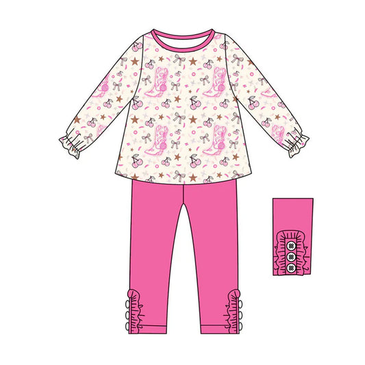 Preorder (moq 8)Baby Girls Pink Boots Cheers Tunic Leggings Pant Clothes Sets 9.8