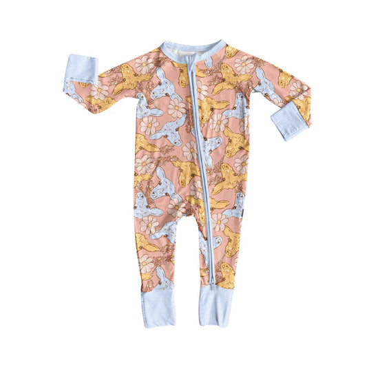 Preorder (moq 5)Baby Girls Long Sleeves Colorful Cows Flowers Plaid Zipper Romper 7.4
