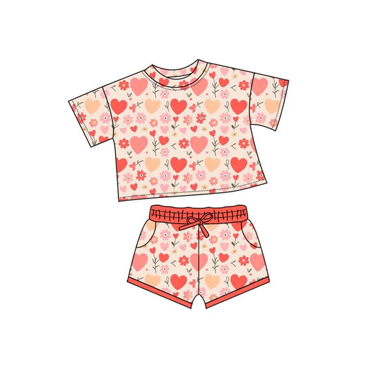 Preorder(moq 5) Baby Girls Peach Hearts Flowers Top Pockets Shorts Valentine Clothes Sets 10.10