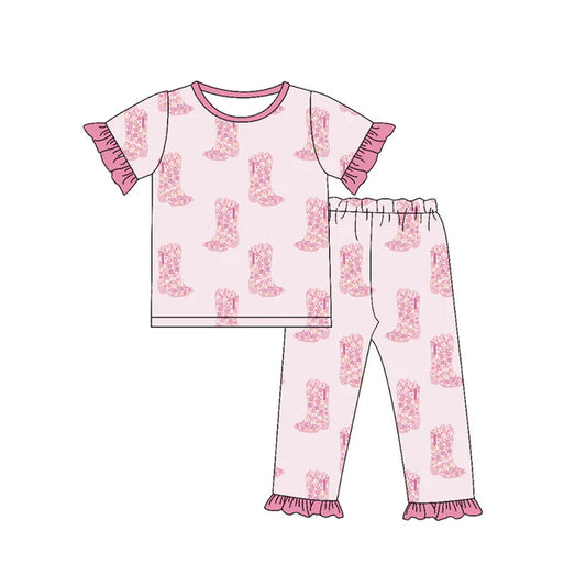 Preorder (moq 5)Baby Girls Flower Boots Top Ruffle Pants Western Pajamas Sets 11.26