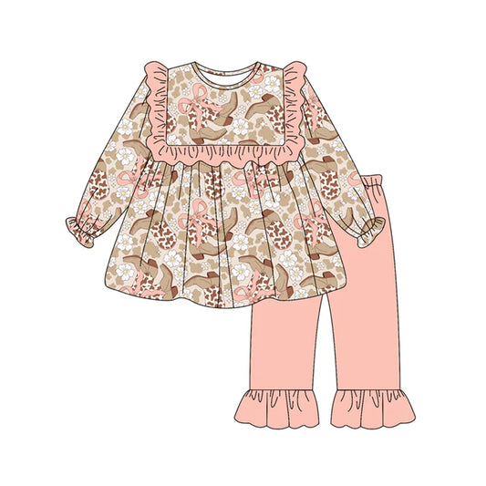 Preorder (moq 5)Baby Girls Pink Long Sleeves Camo Bows Boots Tunic Ruffle Pant Set 6.14