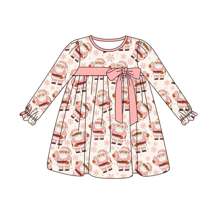 Preorder (moq 5)Baby Girls Long Ruffle Sleeves Pink Santa Snowflake Knee Length Dresses 5.29