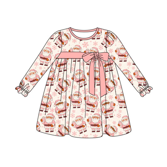 Preorder (moq 5)Baby Girls Long Ruffle Sleeves Pink Santa Snowflake Knee Length Dresses 5.29