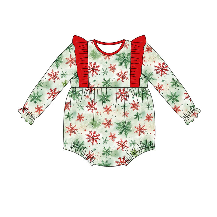 Preorder(moq 5)Baby Girls Green Red Snowflake Plaid Ruffle Rompers 7.18