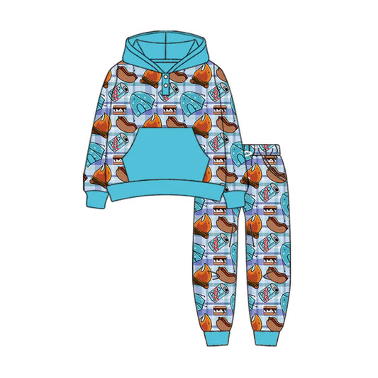 Preorder(moq 5) Baby Boys Long Sleeves Food Camping Pockets Button Hoodies Pants Set 7.23