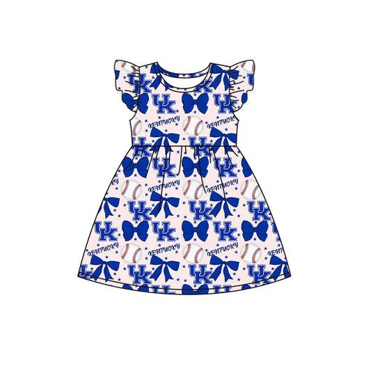 Preorder (moq 5)Baby Girls Flutter Sleeves Baseballs Bows UK Team Knee Length Dresses 6.16
