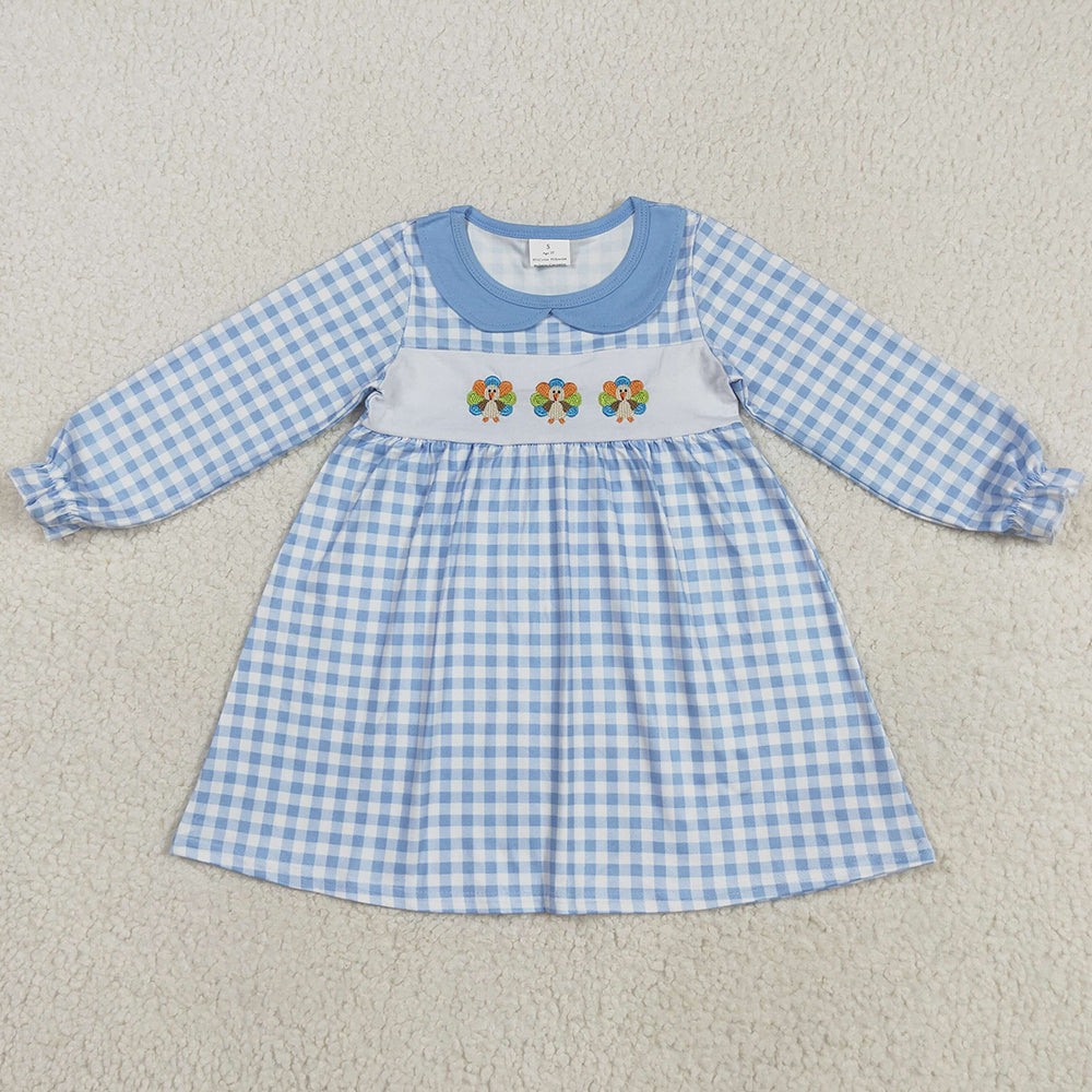 Embroidery Baby Girls Dress Blue Checkered Thanksgiving Turkey Ruffle Knee Length Dress GLD1070 8.5