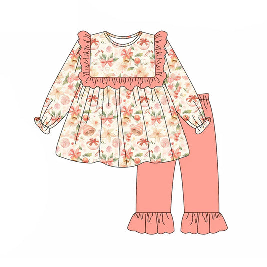 Preorder (moq 5)Baby Girls Long Sleeves Peach Floral Pumpkins Tunic Ruffle Pant Set 5.19