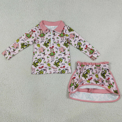 Baby Girls Clothes Pink Gifts Frogs Zip Top Skirt Short Christmas Clothes Sets GLD1610