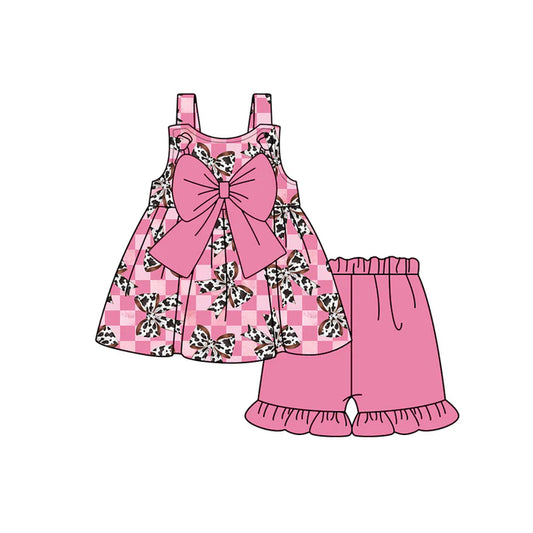 Preorder moq 5 Baby Girls Pink Strap Cow Print Bows Tunic Ruffle Short Set 4.19