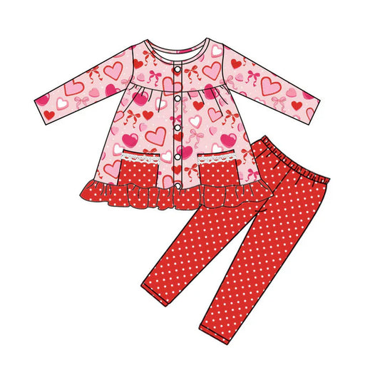 Preorder (moq 5)Baby Girls Red Hearts Bows Button Pockets Tunic Leggings Pant Valentine Clothes Sets 9.6
