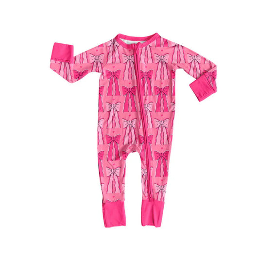 Preorder (moq 5)Baby Girls Hot Pink Bows Valentine Zipper Footie Rompers 9.3