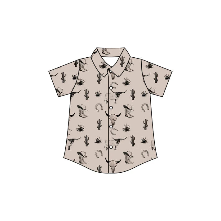 Preorder(moq 5) Baby Boys Cactus Bull Skulls Boots Western Button Shirts Top 10.28