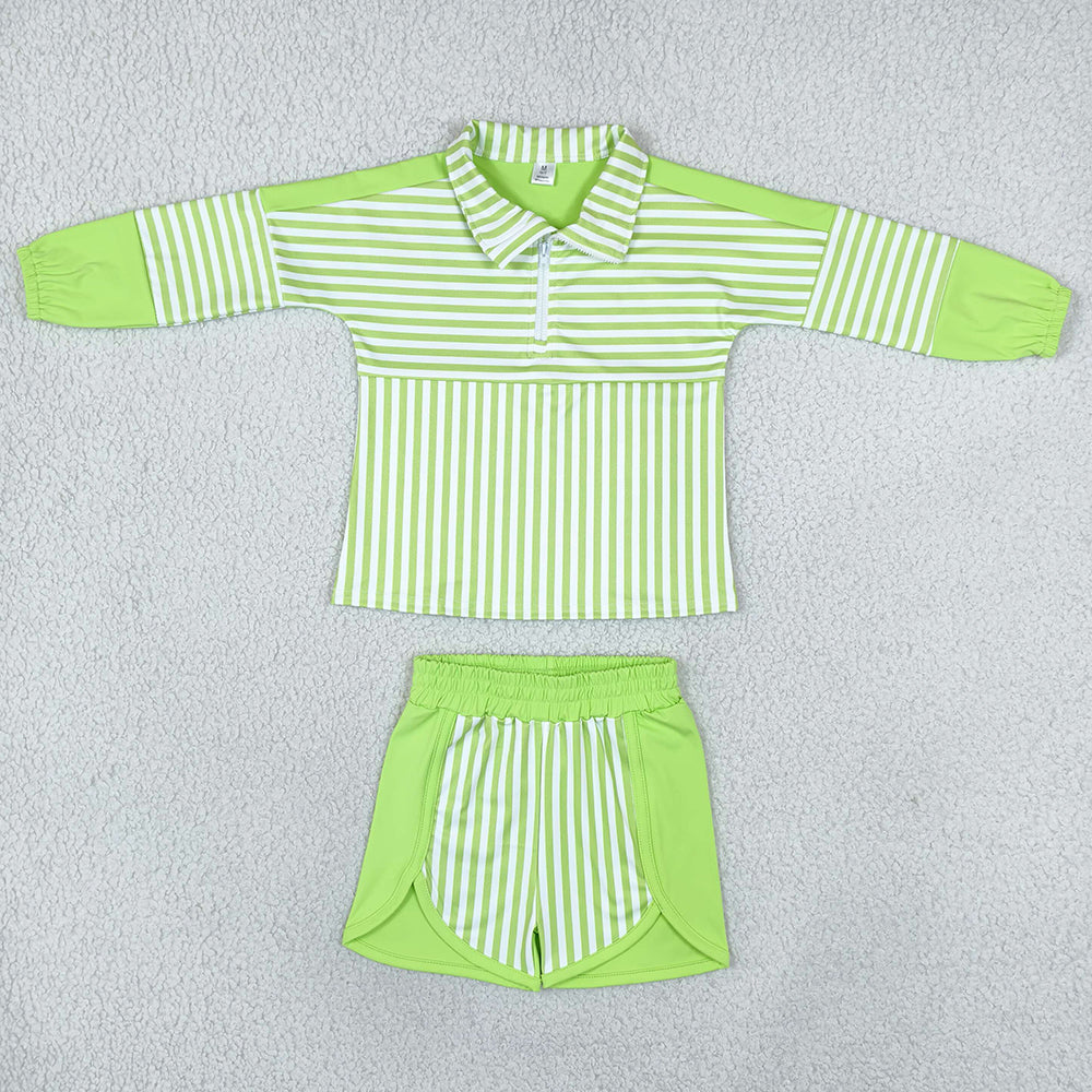Baby Girls Green Stripe Zip Pullovers Shorts Yoga Active Clothes Sets GLS0109