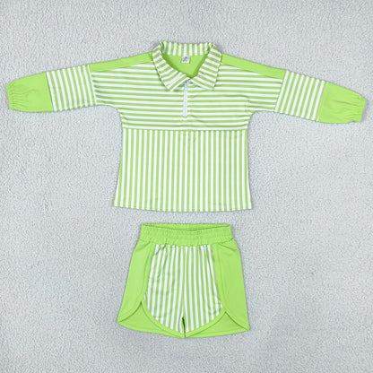 Baby Girls Green Stripe Zip Pullovers Shorts Yoga Active Clothes Sets GLS0109