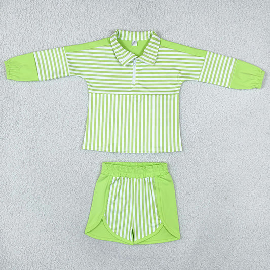 Baby Girls Green Stripe Zip Pullovers Shorts Yoga Active Clothes Sets GLS0109