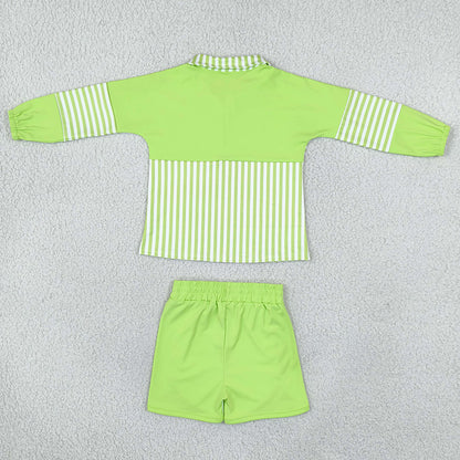 Baby Girls Green Stripe Zip Pullovers Shorts Yoga Active Clothes Sets GLS0109