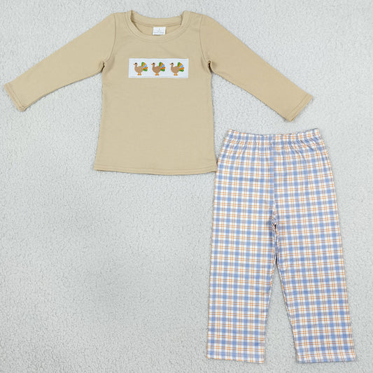Baby Boys Clothes Embroidery Turkey Checked Pant Thanksgiving Clothes Sets BLP1495