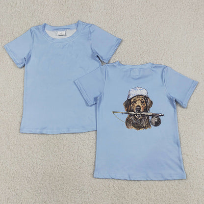 Baby Boys Clothes Blue Short Sleeve Back Dog Fishing Hunting T-shirts Top BT1765