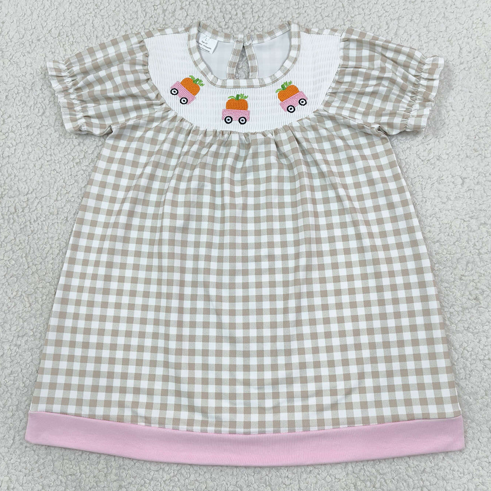 Baby Girls Smocked Pumpkins Trucks Khaki Checked Fall Knee Length Dresses GSD4258