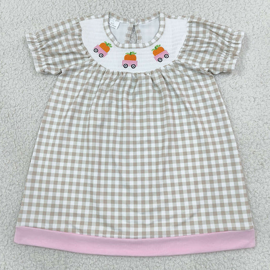 Baby Girls Smocked Pumpkins Trucks Khaki Checked Fall Knee Length Dresses GSD4258