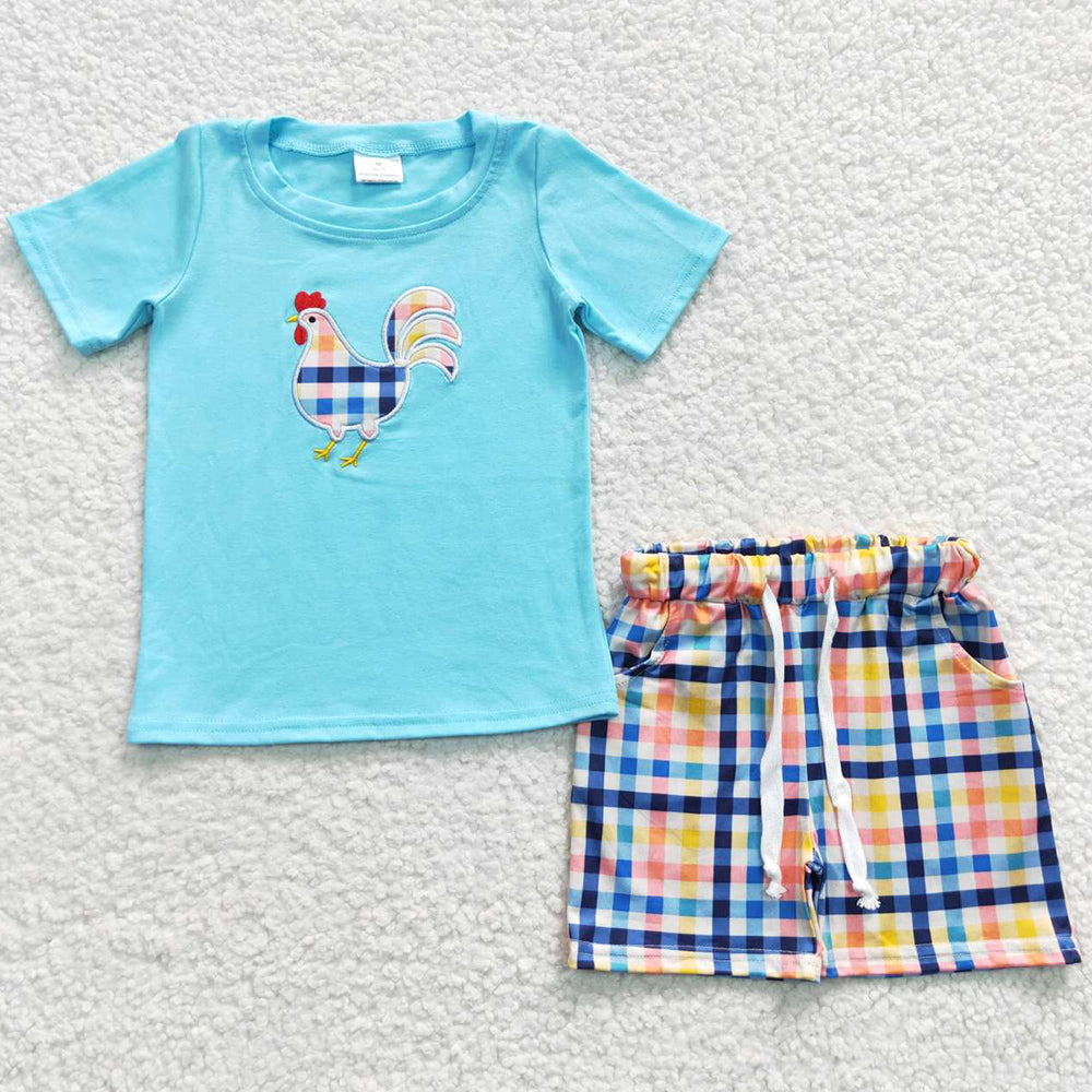 Baby Girls Clothes Cotton Chicken Embroidery Summer Plaid Shorts Sets GSSO0313