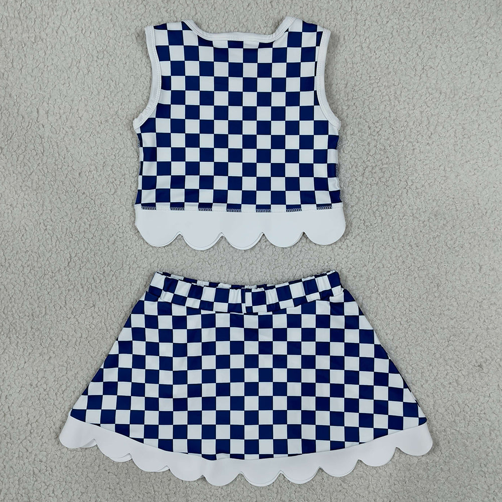 Baby Girls Clothes Blue Checked Kentucky Vest Bows Skirt Short Scallop Yoga Set GSD4283
