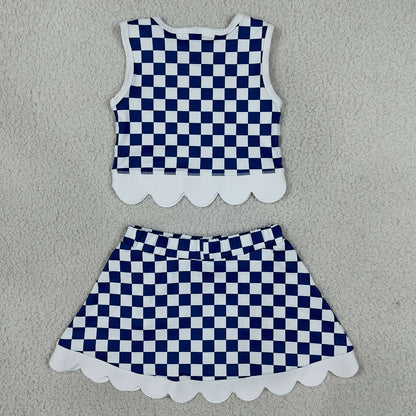 Baby Girls Clothes Blue Checked Kentucky Vest Bows Skirt Short Scallop Yoga Set GSD4283