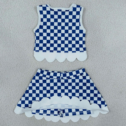 Baby Girls Clothes Blue Checked Kentucky Vest Bows Skirt Short Scallop Yoga Set GSD4283