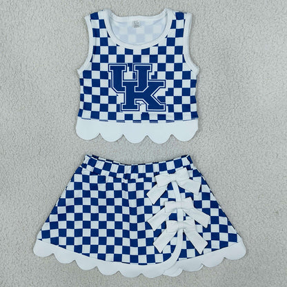 Baby Girls Clothes Blue Checked Kentucky Vest Bows Skirt Short Scallop Yoga Set GSD4283
