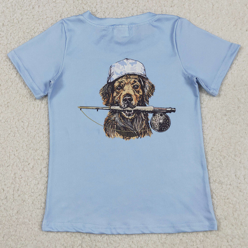 Baby Boys Clothes Blue Short Sleeve Back Dog Fishing Hunting T-shirts Top BT1765