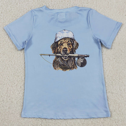 Baby Boys Clothes Blue Short Sleeve Back Dog Fishing Hunting T-shirts Top BT1765