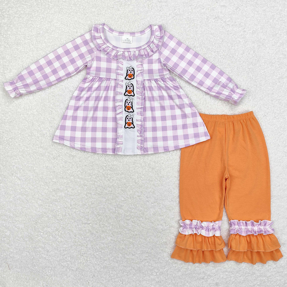 Baby Girls Clothes Halloween Checkered Ghost Tunic Tops Ruffle Pants Sets GLP1434