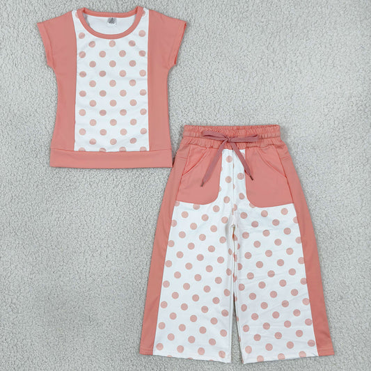 Baby Girls Clothes Peach Polka Dots Top Pockets Flare Pant Clothes Sets GSPO2333