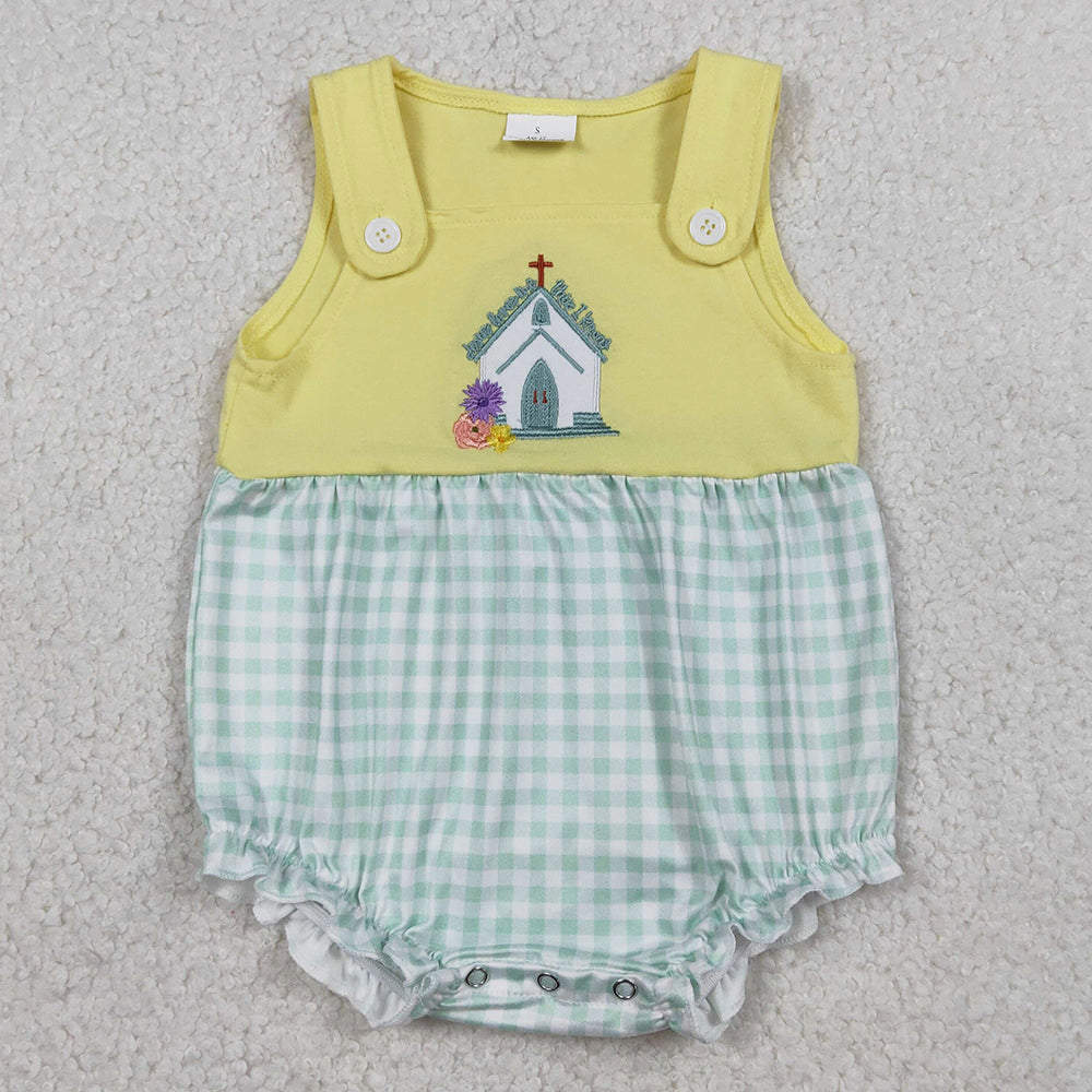 Baby Girls Rompers Embroidery Church Cross Flowers Checked Ruffle Rompers SR3704 SR3703 1.5