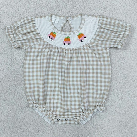 Baby Girls Rompers Smocked Pumpkins Trucks Khaki Checked Fall Ruffle Rompers SR4280