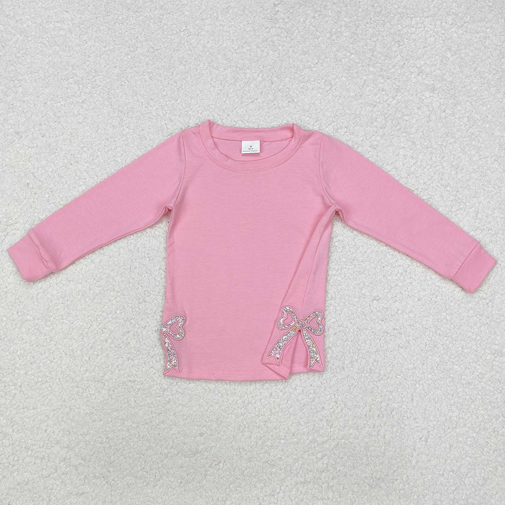 Baby Girls Clothes Tops Pink Long Sleeve Bows Side Embroidery Tee Shirts Tops GT0872